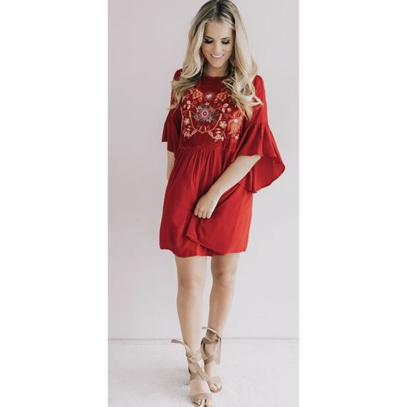 Umgee Women Velvet Shift Mini Dress Red Small Size Embroidered Party Christmas - Picture 2 of 11